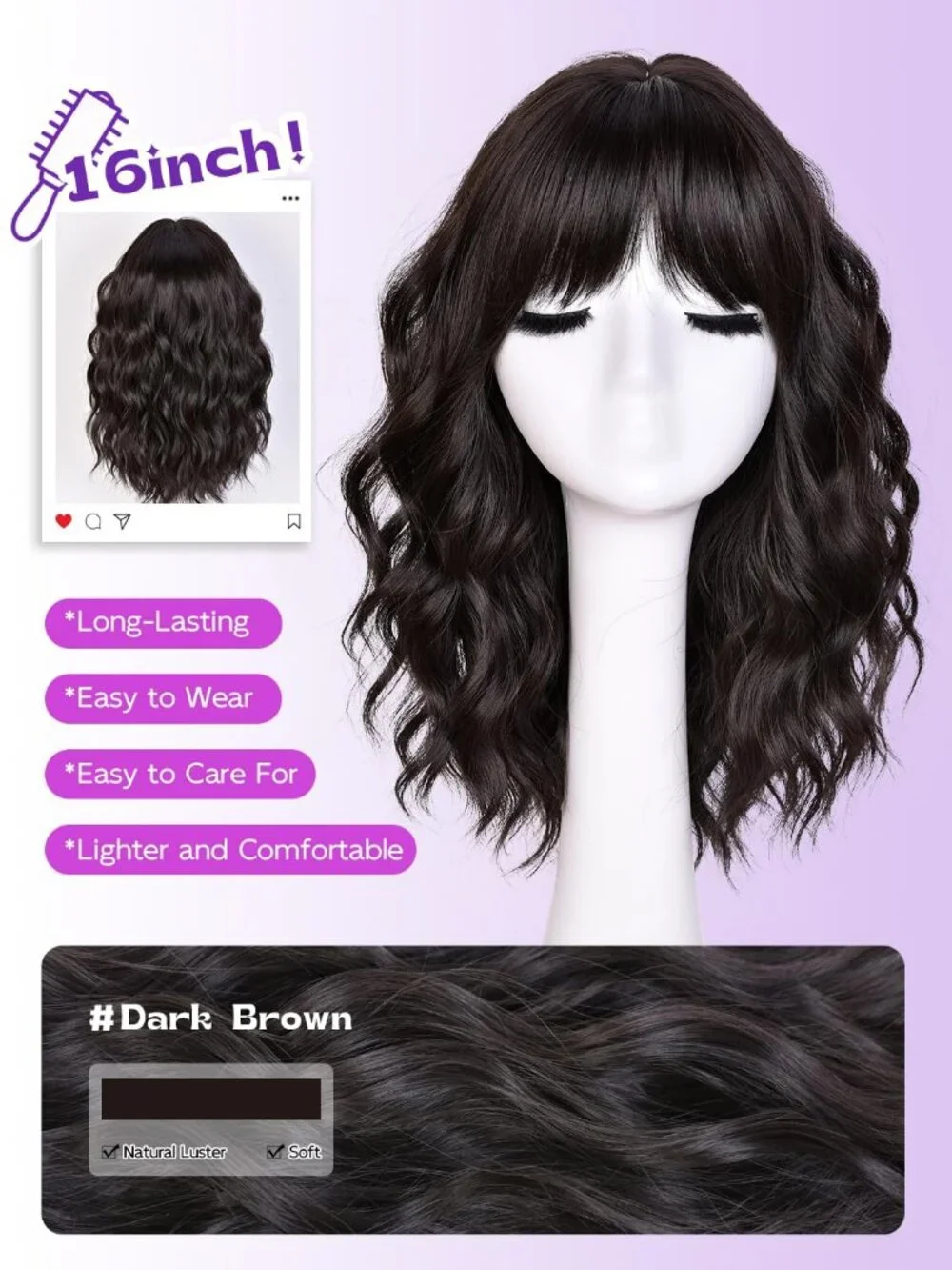 Women's Dark Brown 14 Inch Natural Synthetic Short Curly Wavy Fiber Wigs
